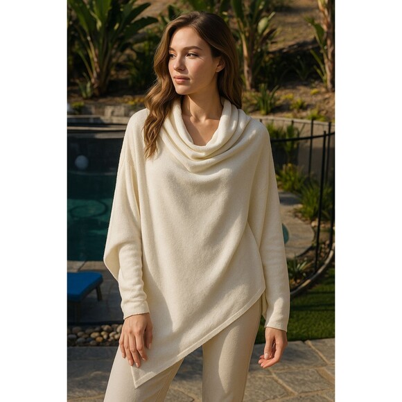 Alpini Knitwear Italian Cream Drape Poncho – Minimalist Cozy Wrap - Picture 1 of 5